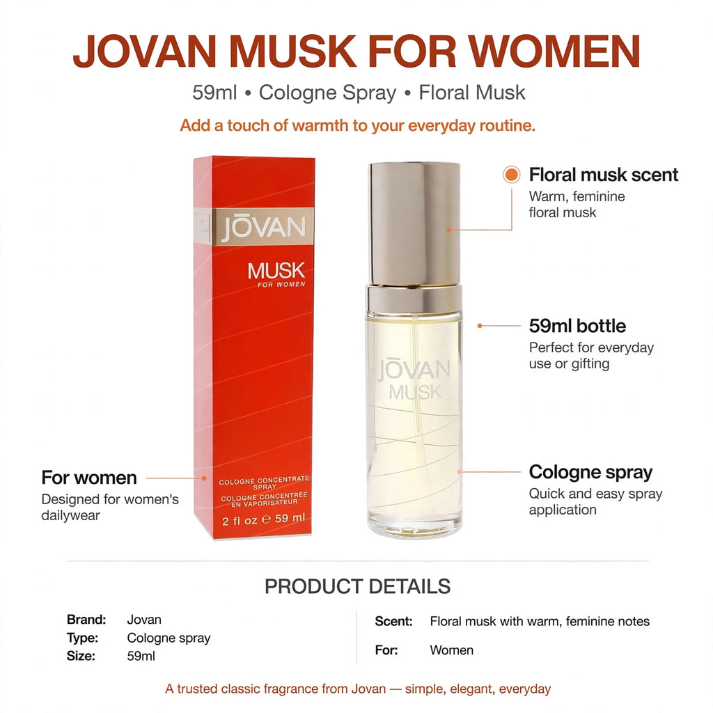 Infographic showing floral musk scent and 59ml cologne spray features