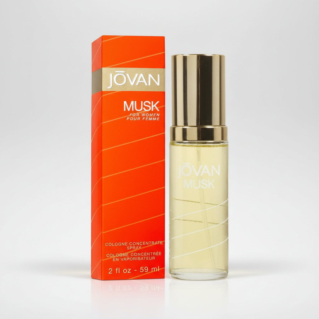 Jovan Musk cologne bottle and packaging on a white background