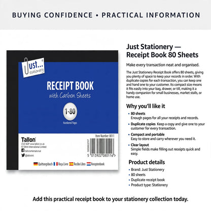 Receipt book with 80 sheets and duplicate copies for record keeping
