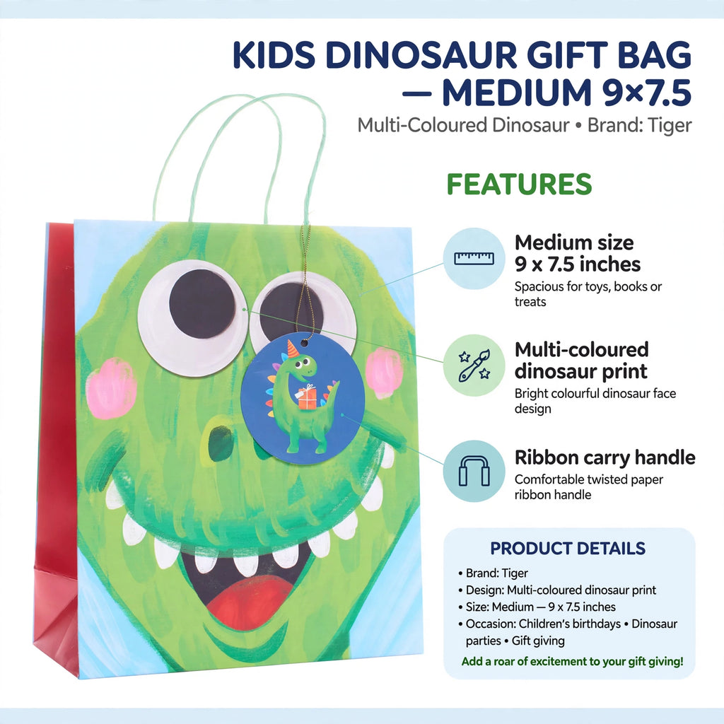 Infographic showing medium size, multi-coloured dinosaur print, and ribbon carry handle features