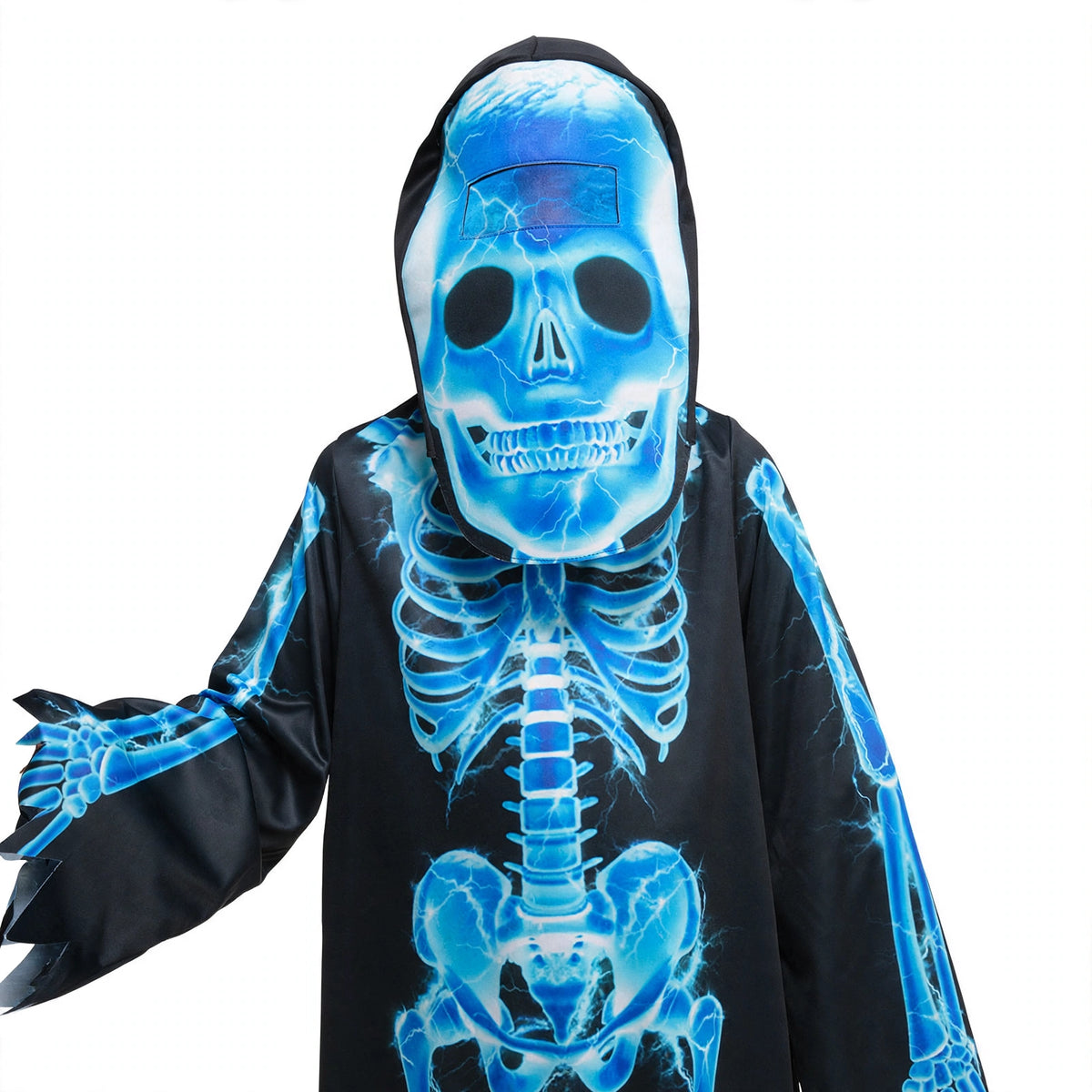 Detail of the Kids Halloween Reaper Costume showing the attached hood and robe fabric
