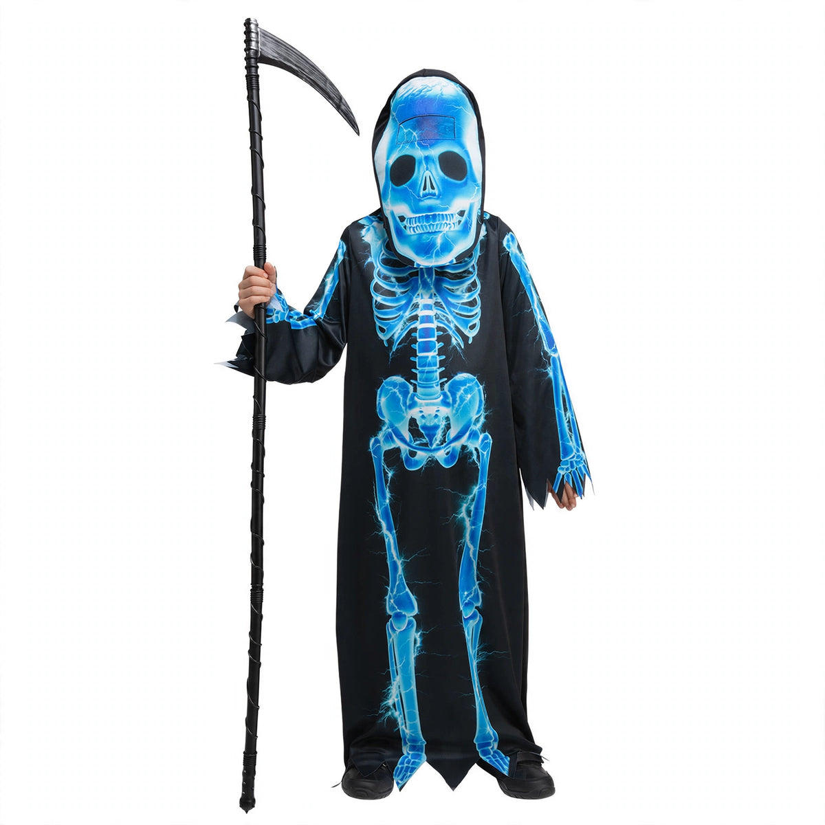 Kids Halloween Reaper Costume with full-length dark robe and attached hood