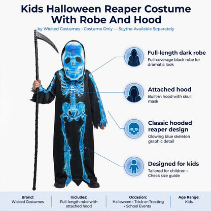 Features full-length dark robe, attached hood, classic hooded reaper design, designed for kids