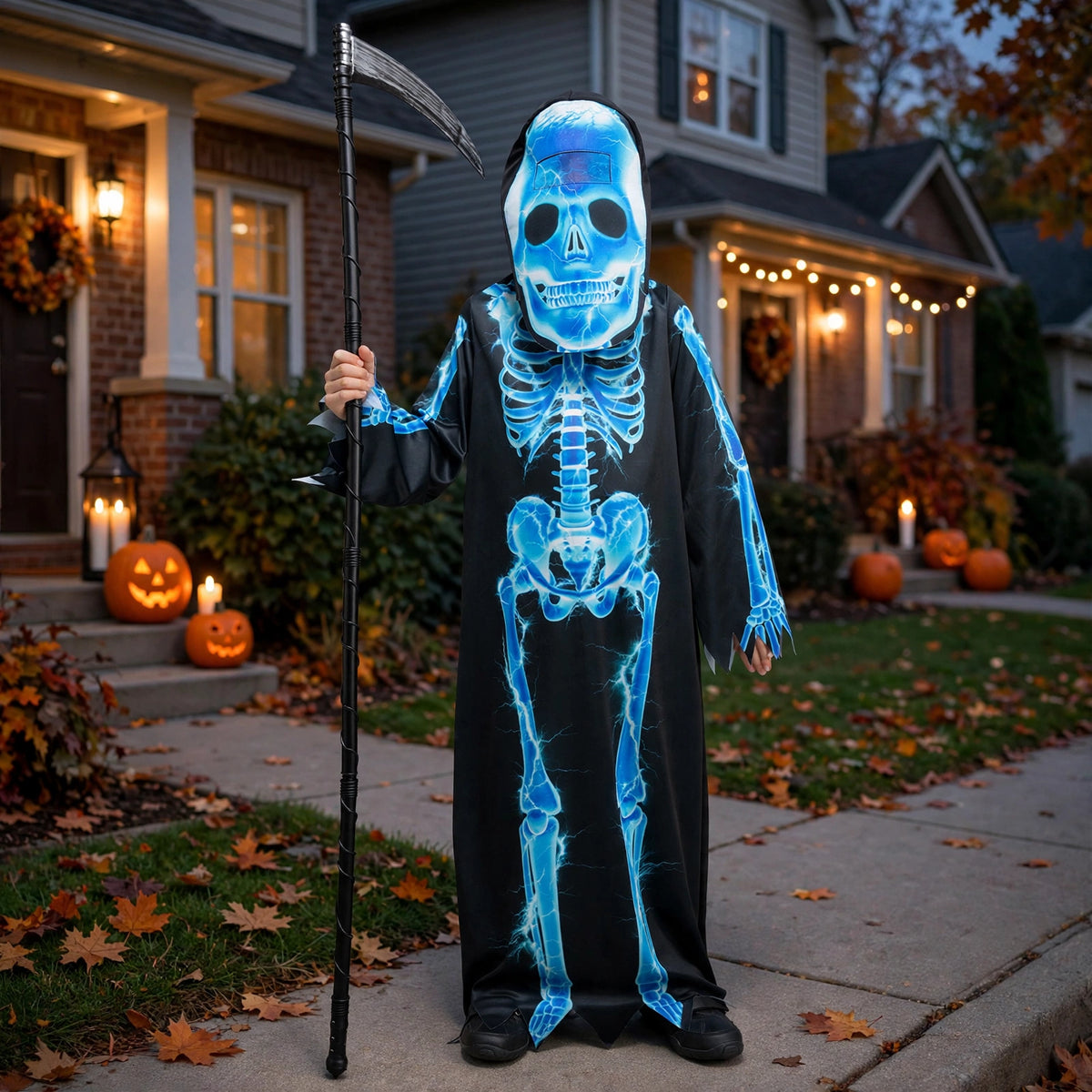 Child wearing Kids Halloween Reaper Costume with robe and hood for Halloween
