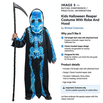 Includes full-length robe with attached hood, costume only without scythe