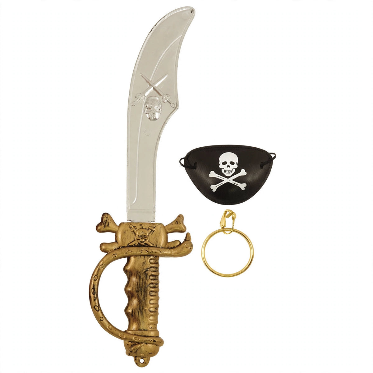 Close-up view of kids' pirate costume accessories including sword, eyepatch, and earring