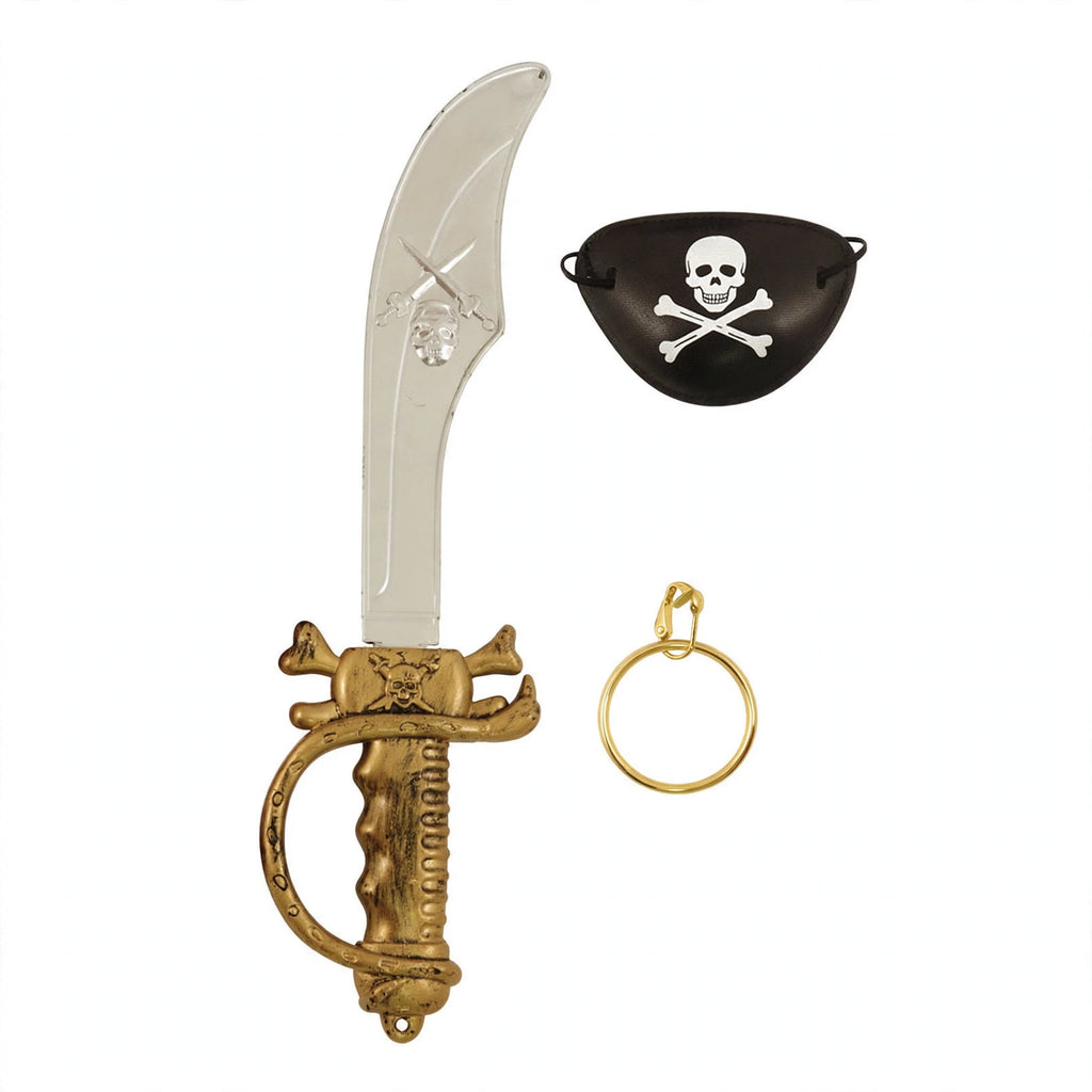 Kids' pirate costume accessory set with plastic sword, black eyepatch, and gold earring