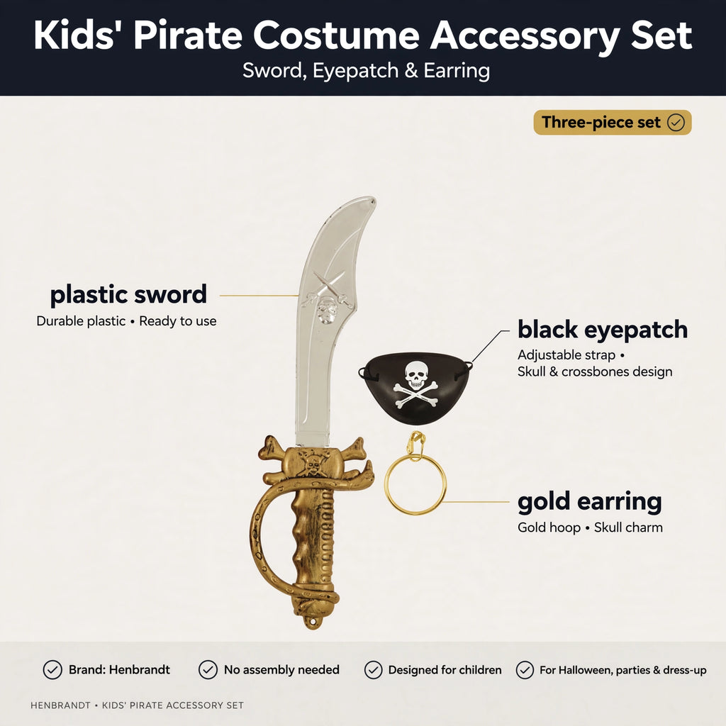Infographic showing plastic sword, black eyepatch, and gold earring included in kids' pirate accessory set