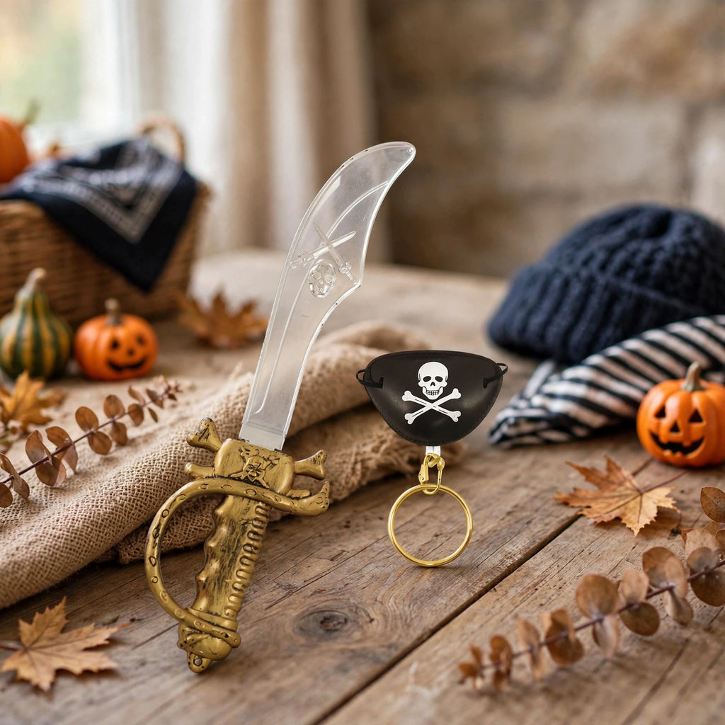 Child wearing kids' pirate costume accessories including sword, eyepatch, and earring for dress-up