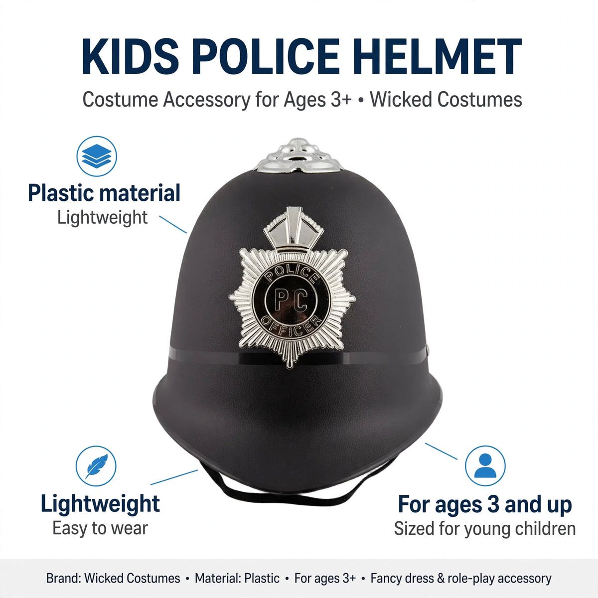 Infographic showing plastic material, lightweight design, and sizing for ages 3 and up