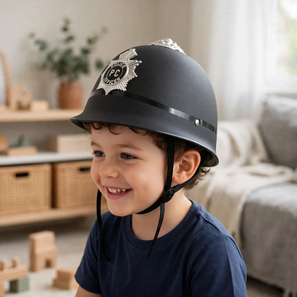 Child wearing kids police helmet costume accessory during play or party