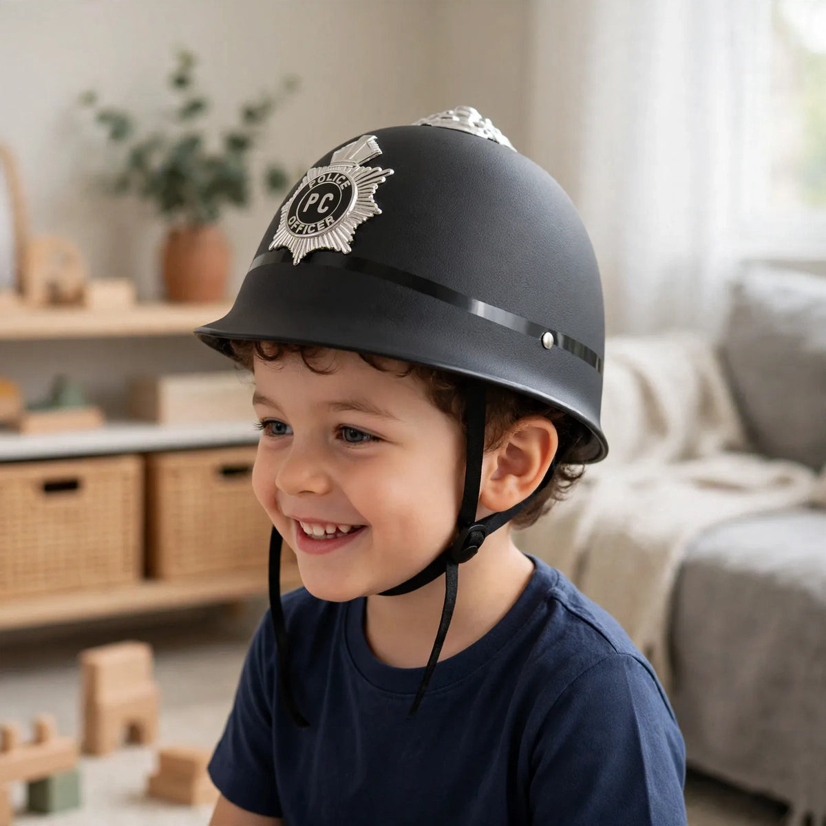 Child wearing kids police helmet costume accessory during play or party