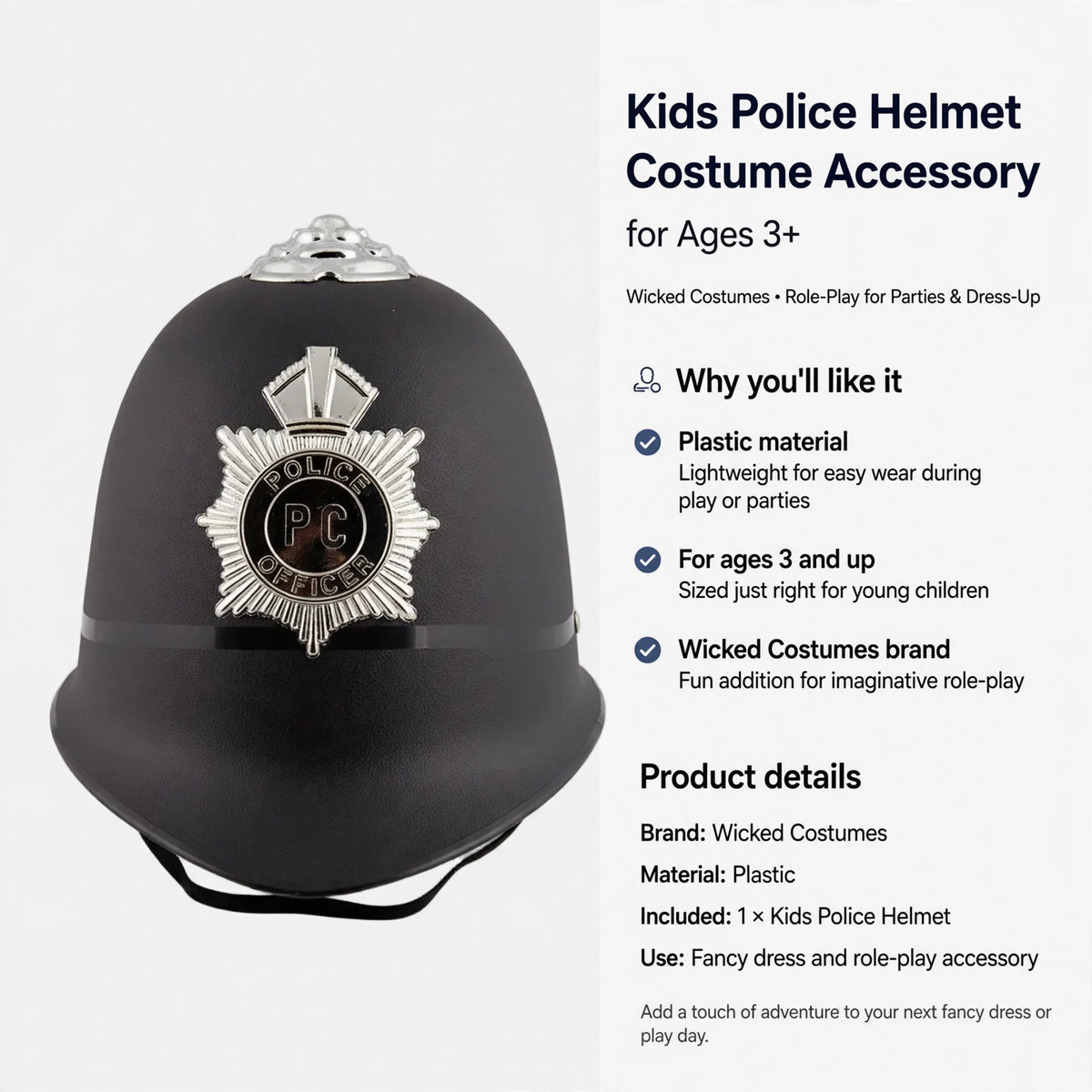 Kids police helmet accessory suitable for fancy dress, role-play, and parties