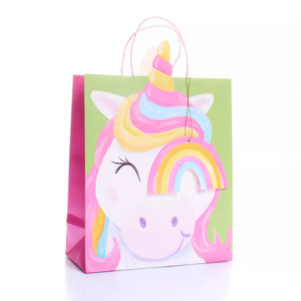Medium kids gift bag with multi-coloured unicorn print and ribbon carry handle