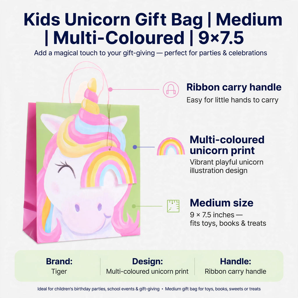 Infographic showing medium size, multi-coloured unicorn print, and ribbon carry handle features