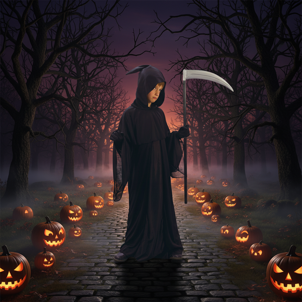 Kids Halloween Grim Reaper Costume With Robe And Hood