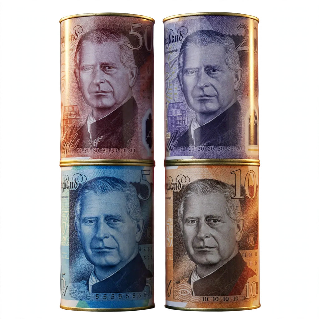Close-up of King Charles Money Saving Tin featuring coin slot and metal construction