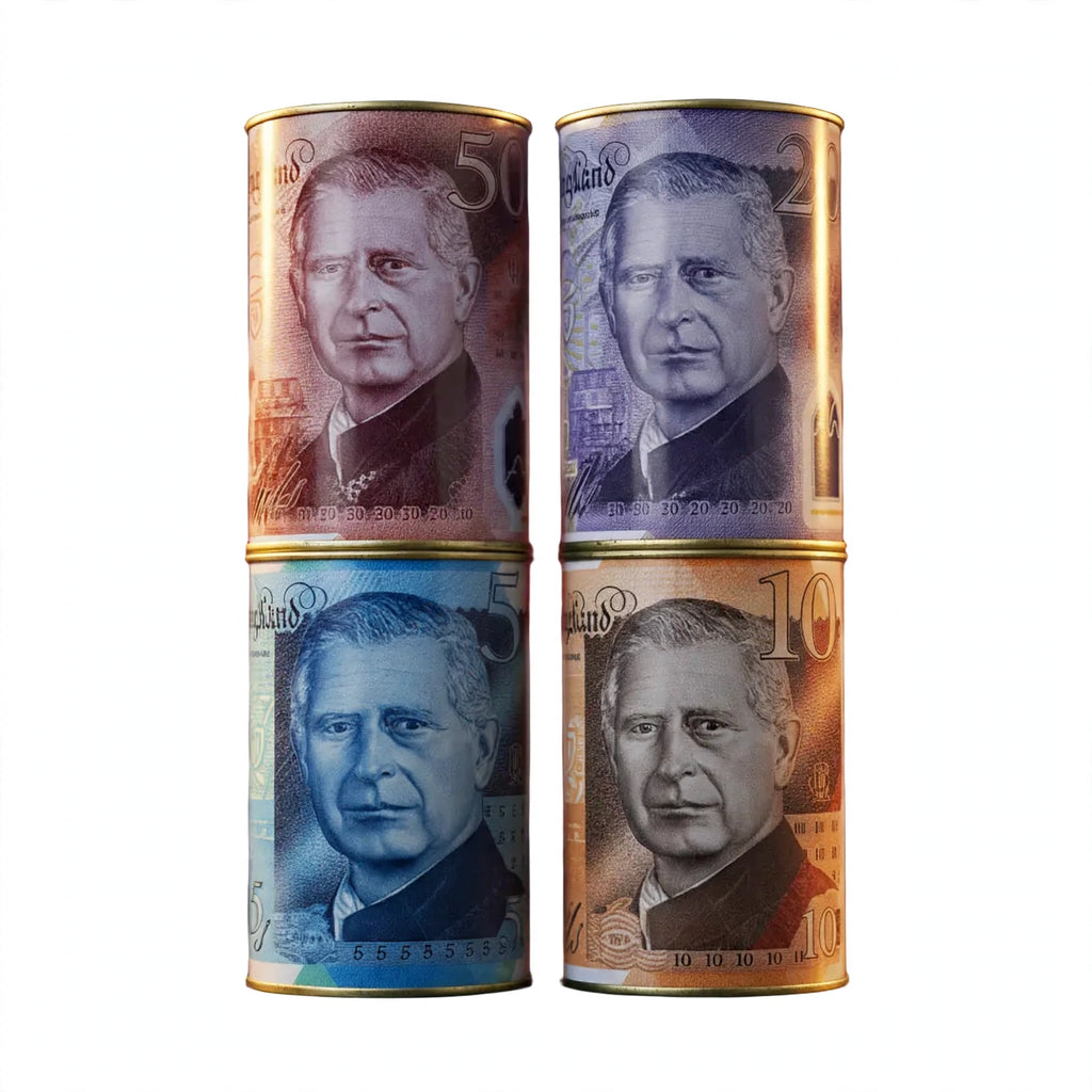 King Charles Money Saving Tin with banknote-inspired King Charles III designs