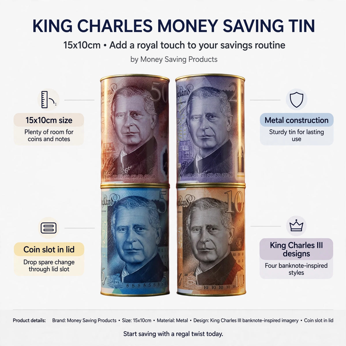 Infographic showing 15x10cm metal tin with coin slot and King Charles III banknote-inspired designs