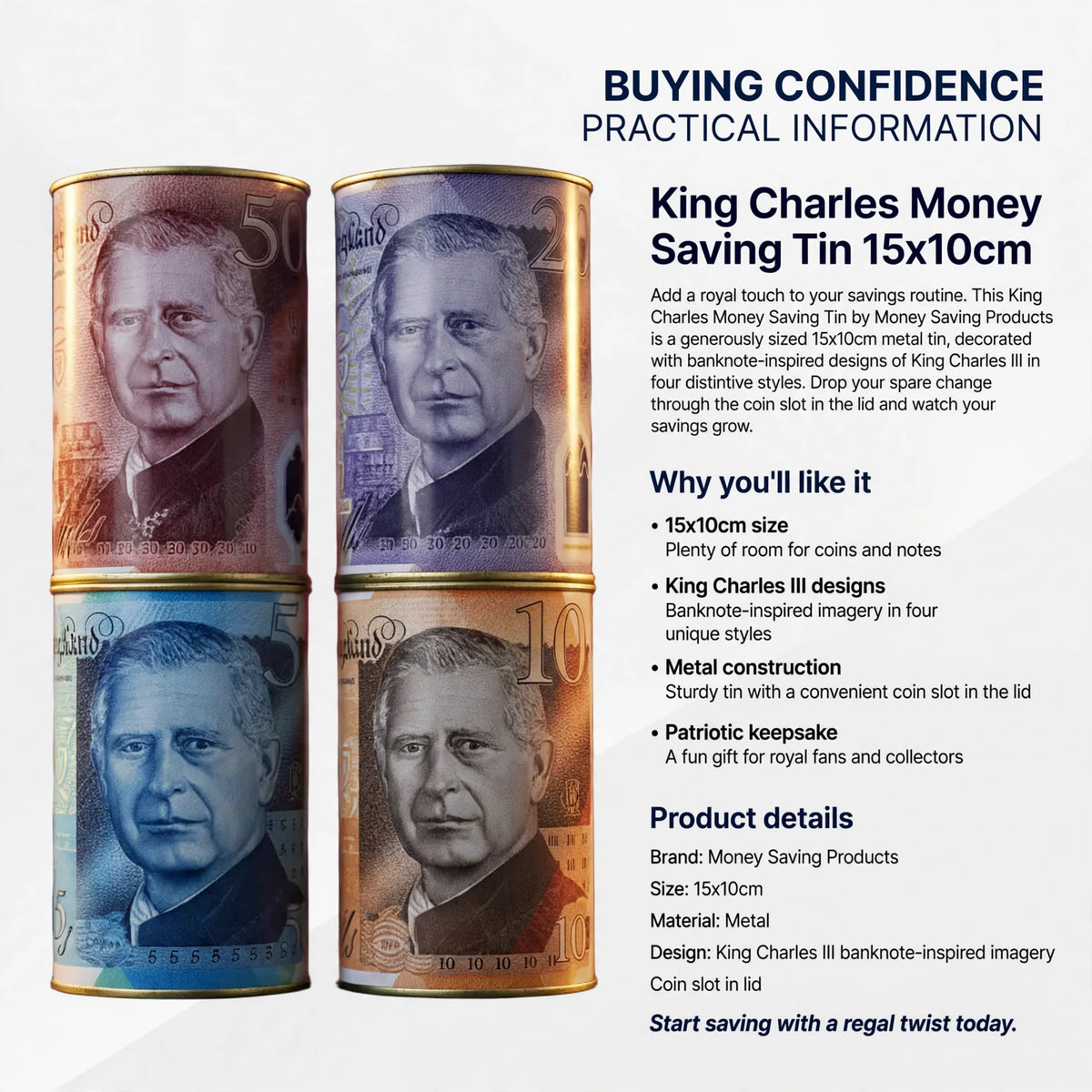 Metal money saving tin with coin slot and King Charles III banknote-inspired designs