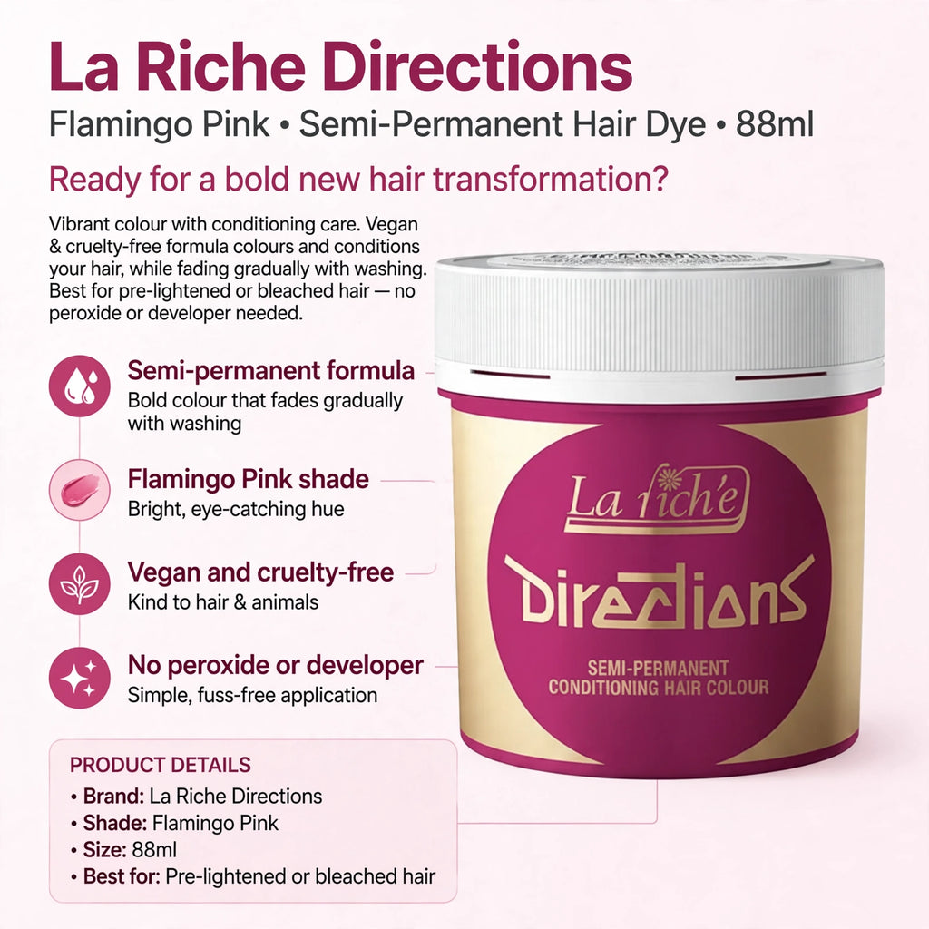 Infographic showing semi-permanent formula, Flamingo Pink shade, vegan and cruelty-free, no peroxide or developer