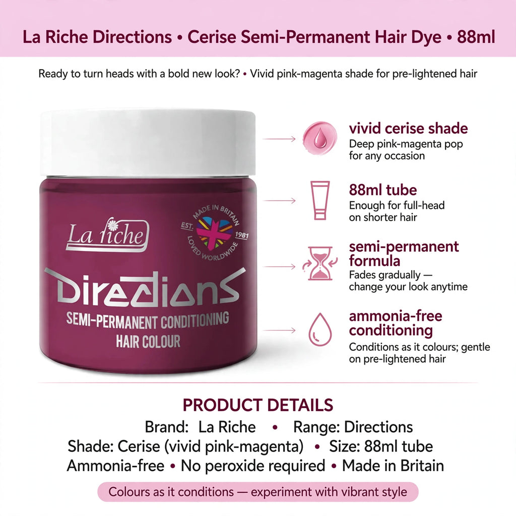 Infographic showing vivid cerise shade, 88ml tube size, semi-permanent formula, ammonia-free conditioning