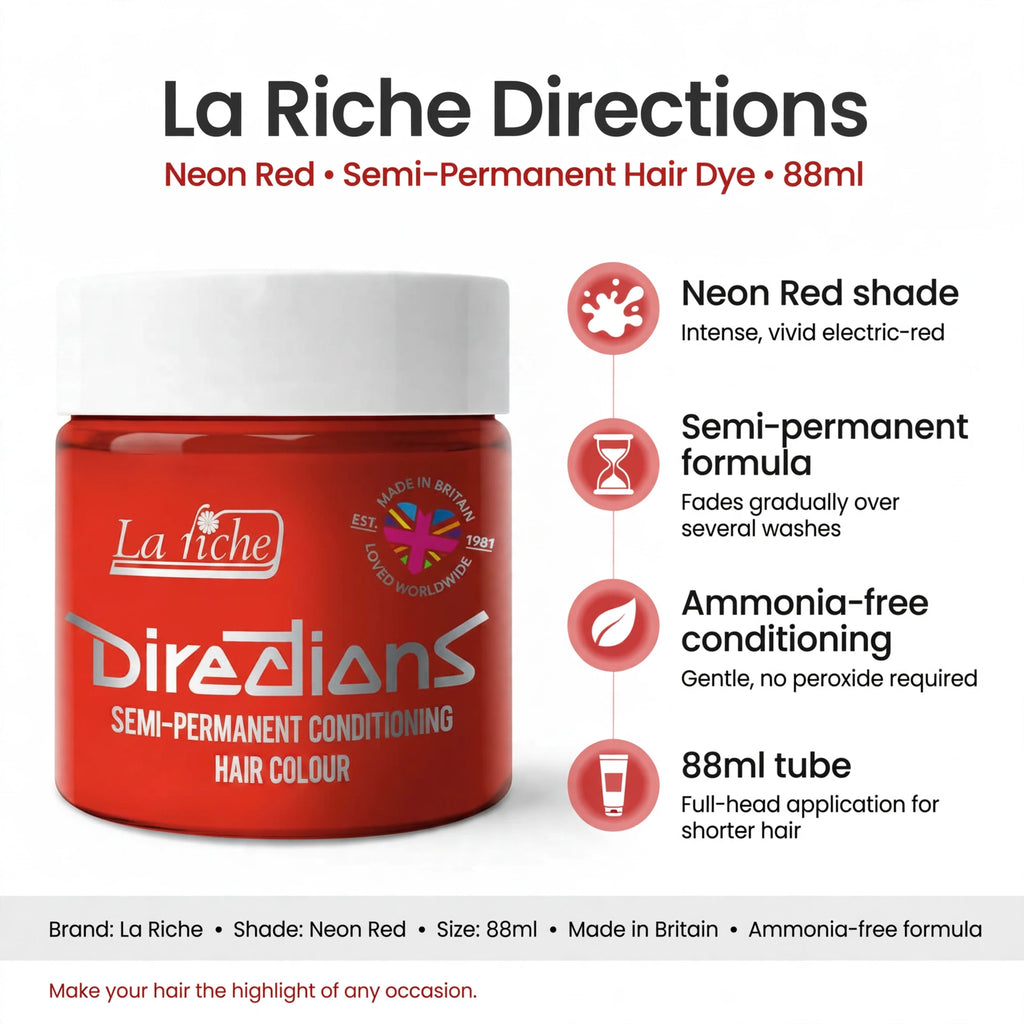 Infographic showing Neon Red shade, semi-permanent formula, ammonia-free conditioning, and 88ml size