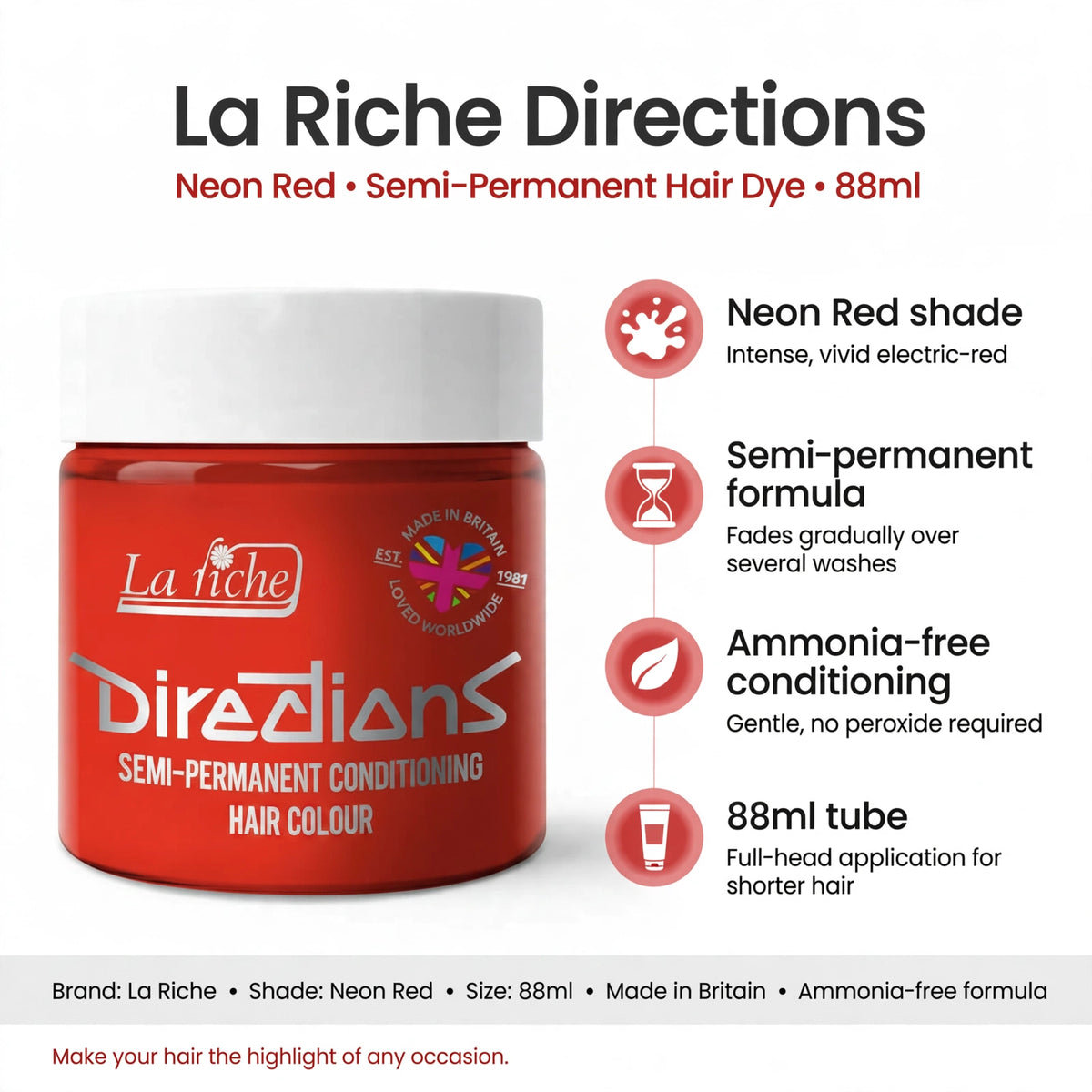 Infographic showing Neon Red shade, semi-permanent formula, ammonia-free conditioning, and 88ml size
