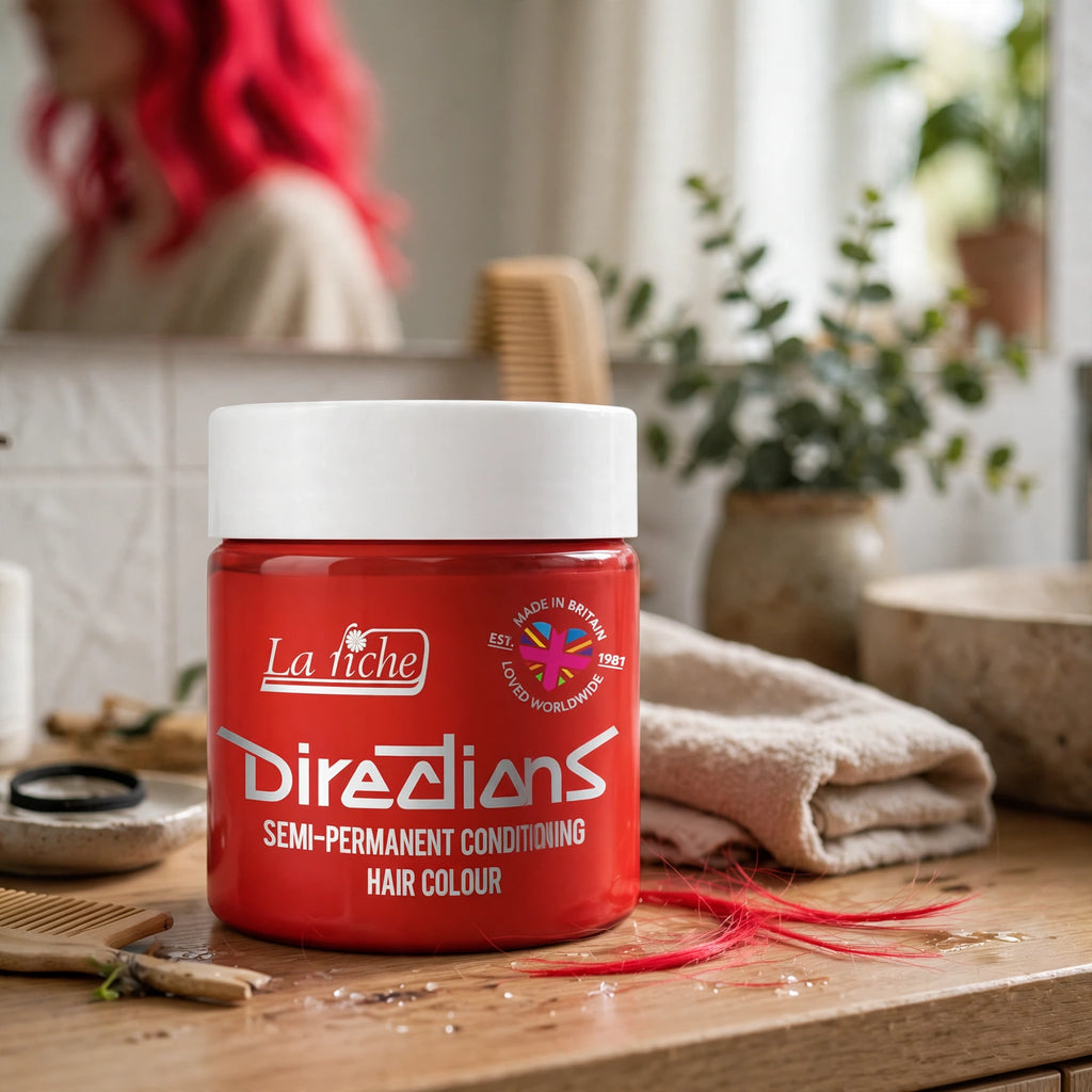 Neon Red hair color created using La Riche Directions Semi-Permanent Hair Dye