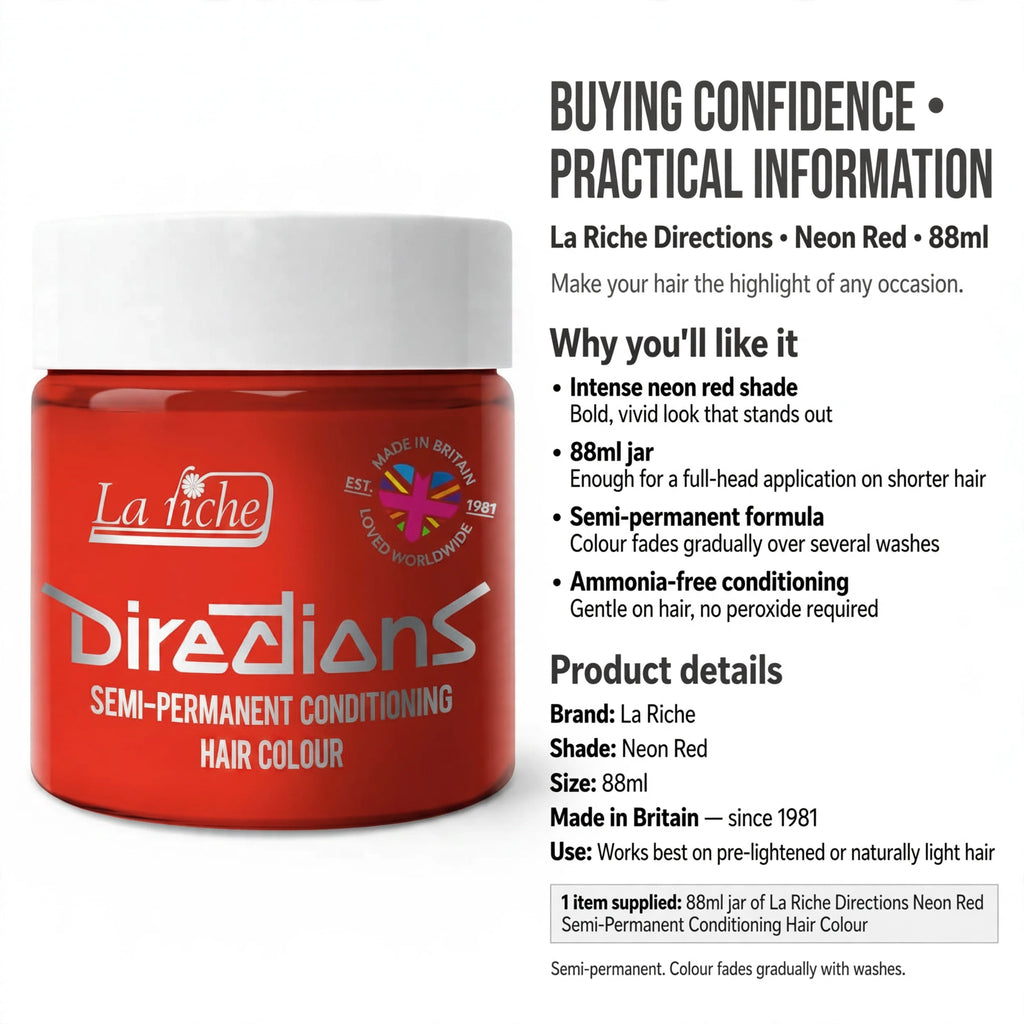 Information about semi-permanent, ammonia-free hair dye in Neon Red shade by La Riche