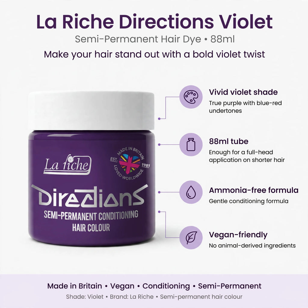 Infographic showing vivid violet shade, ammonia-free, conditioning formula, and vegan-friendly features