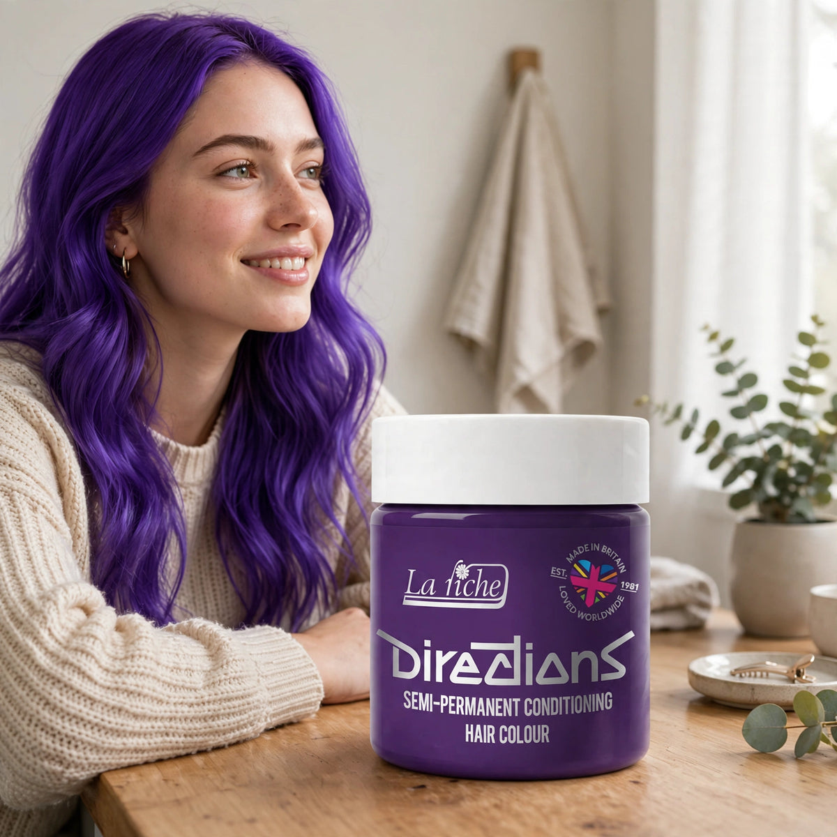 Vivid violet hair color achieved using La Riche Directions Violet Semi-Permanent Hair Dye