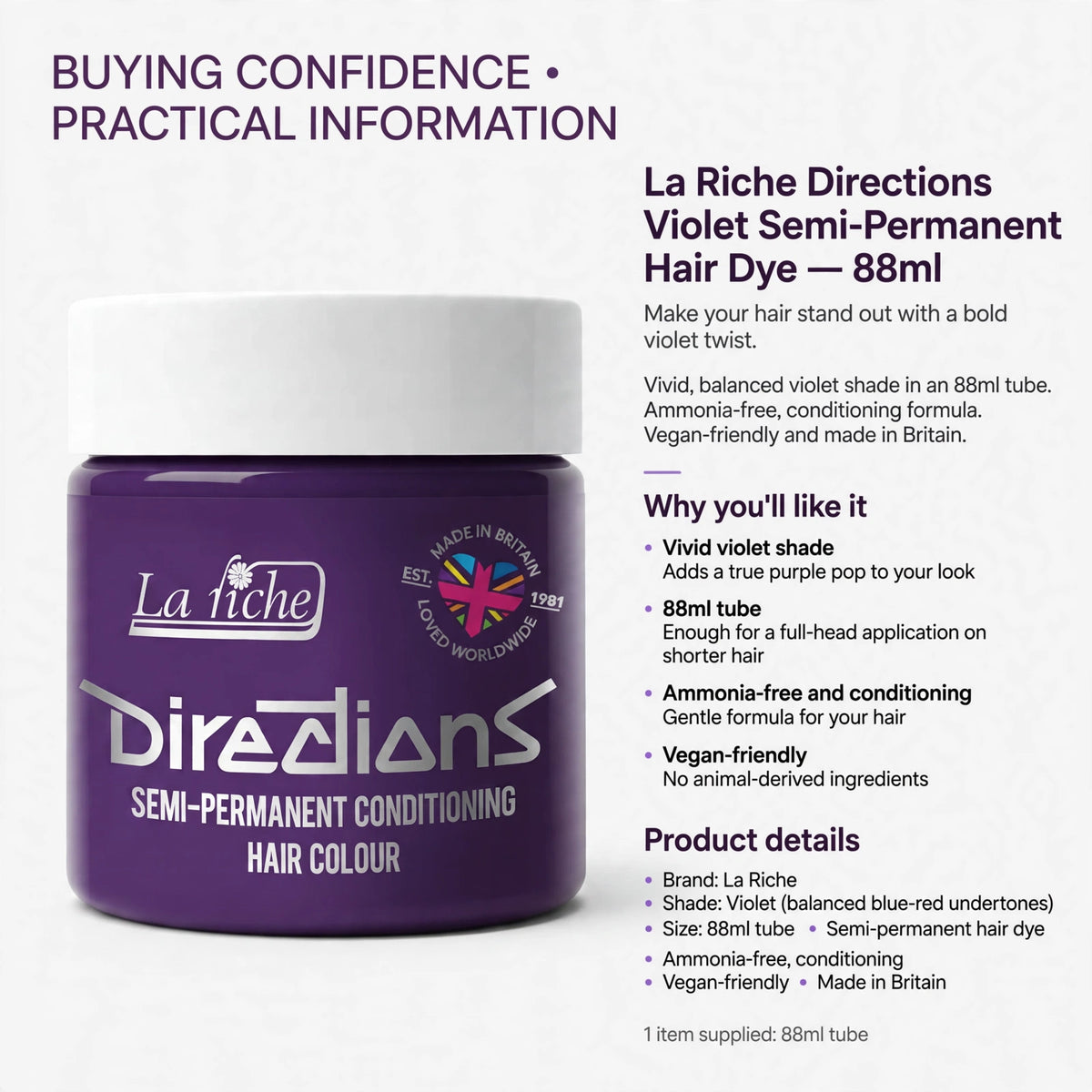 Information about semi-permanent violet hair dye with ammonia-free, conditioning, and vegan-friendly formula