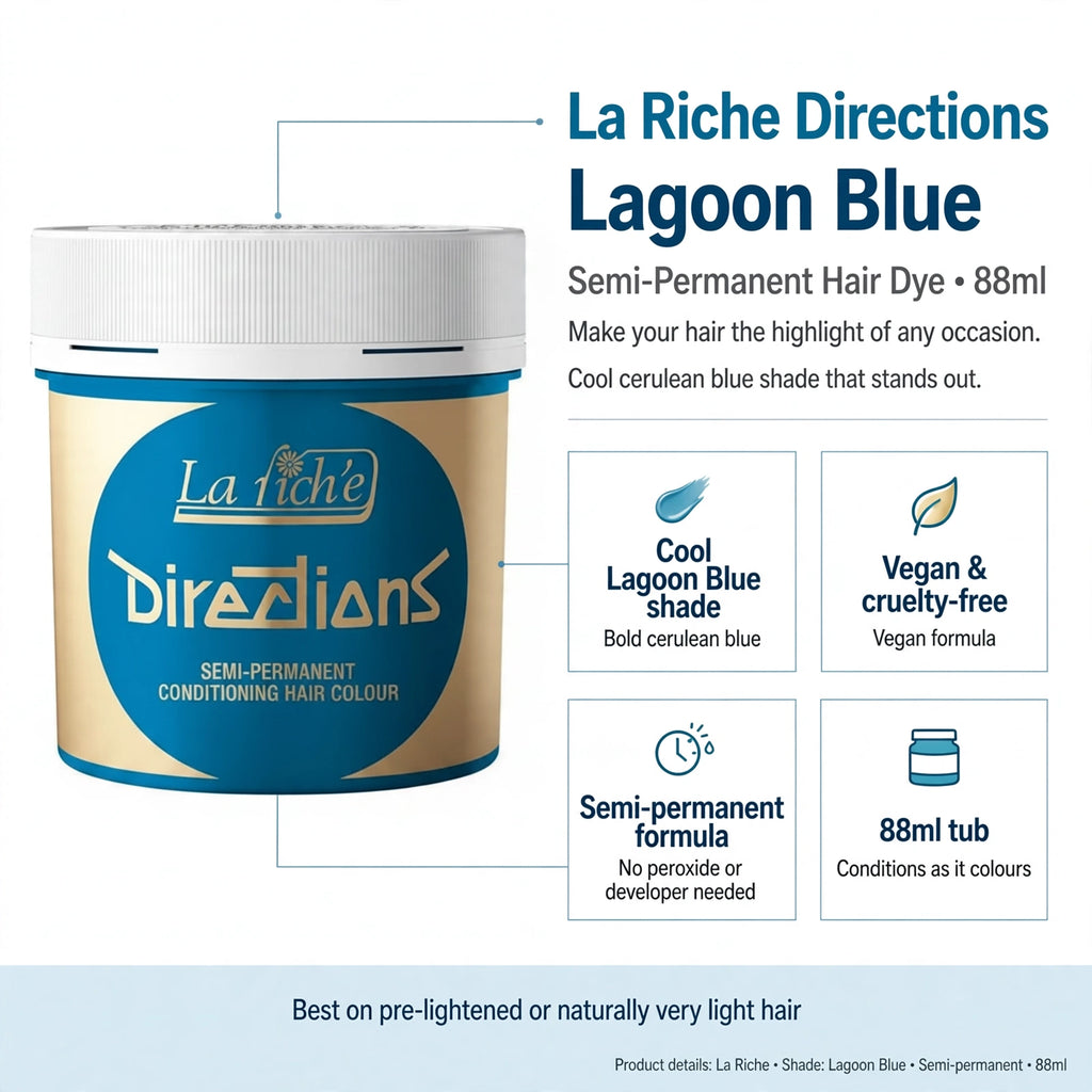 Infographic showing cool Lagoon Blue shade, semi-permanent formula, vegan and cruelty-free, 88ml size