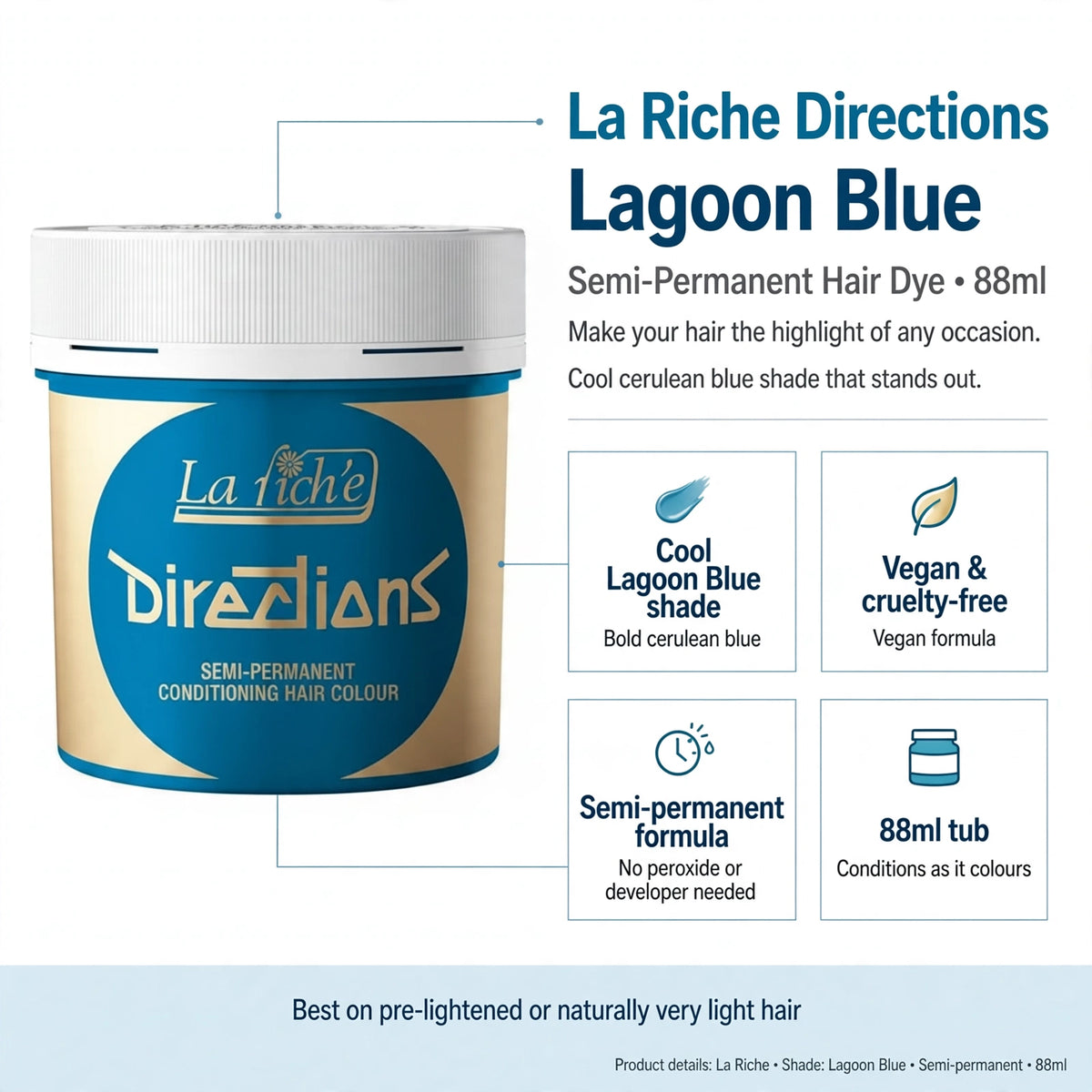 Infographic showing cool Lagoon Blue shade, semi-permanent formula, vegan and cruelty-free, 88ml size