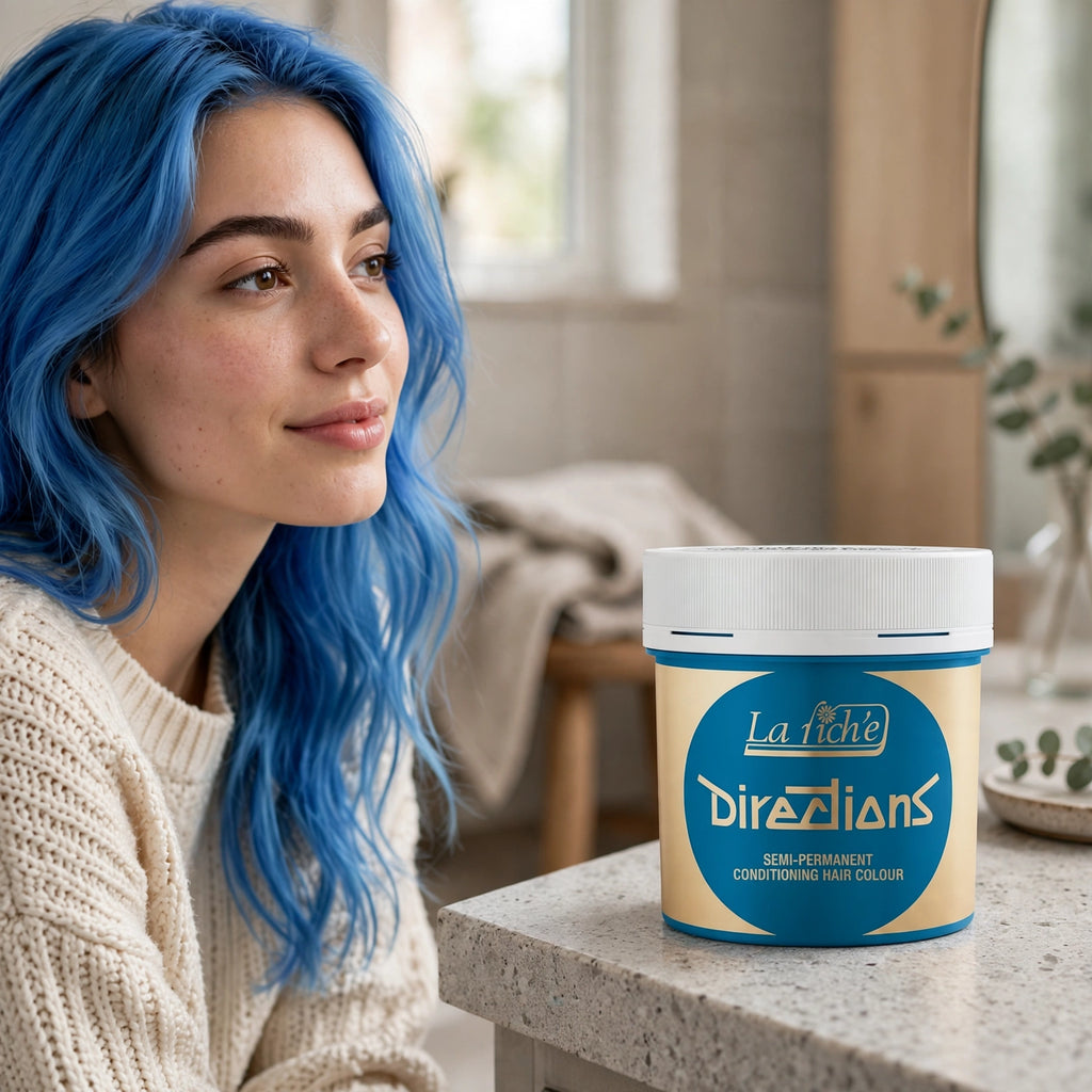 Person with hair dyed in cool cerulean Lagoon Blue shade