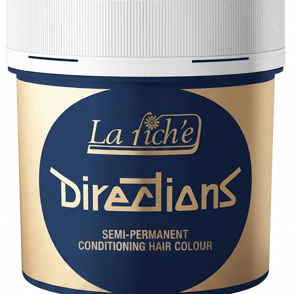 Close-up of La Riche Directions Midnight Blue hair dye bottle label