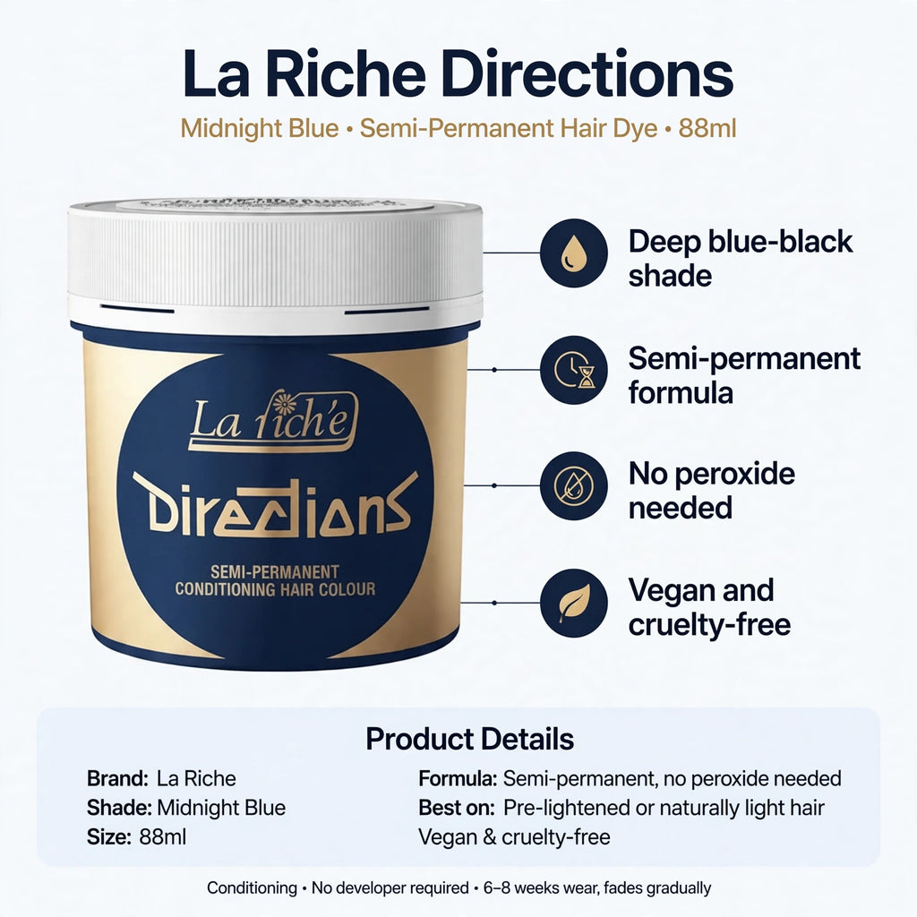 Infographic showing deep blue-black shade, semi-permanent formula, no peroxide needed, vegan and cruelty-free