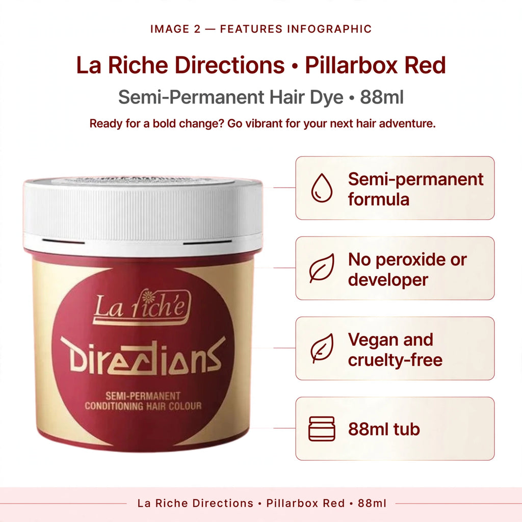 Infographic showing semi-permanent formula, no peroxide needed, vegan and cruelty-free, 88ml size