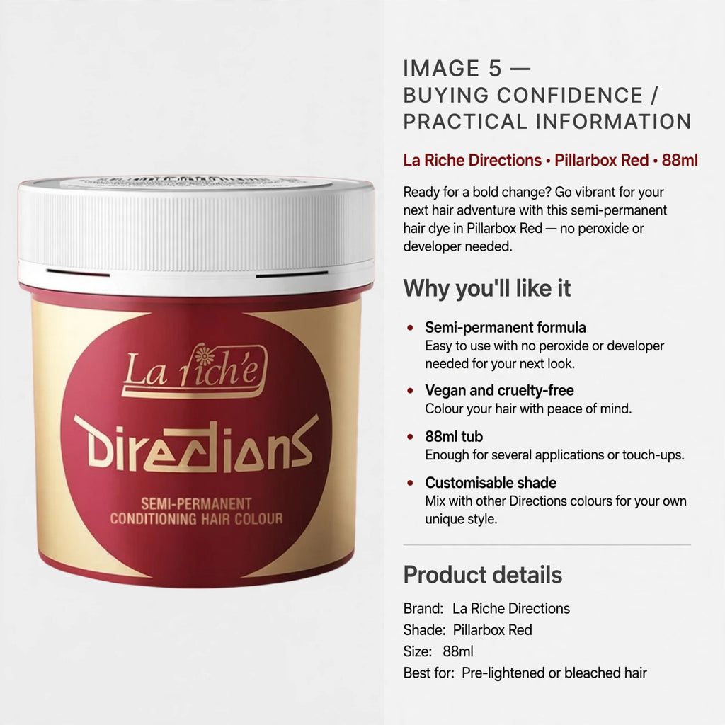 Information about semi-permanent hair dye, vegan and cruelty-free formula, and 88ml tub size