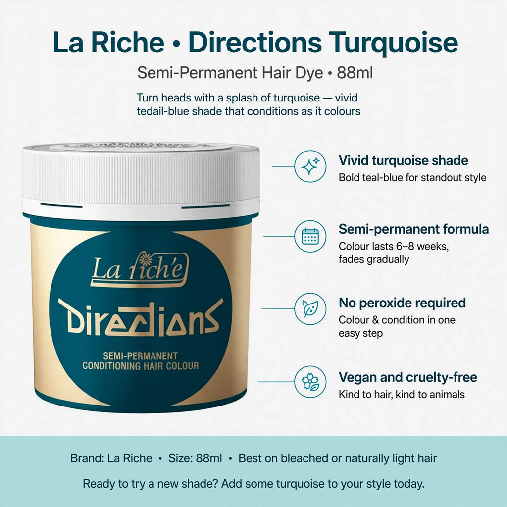 Infographic showing vivid turquoise shade, semi-permanent formula, no peroxide needed, vegan and cruelty-free