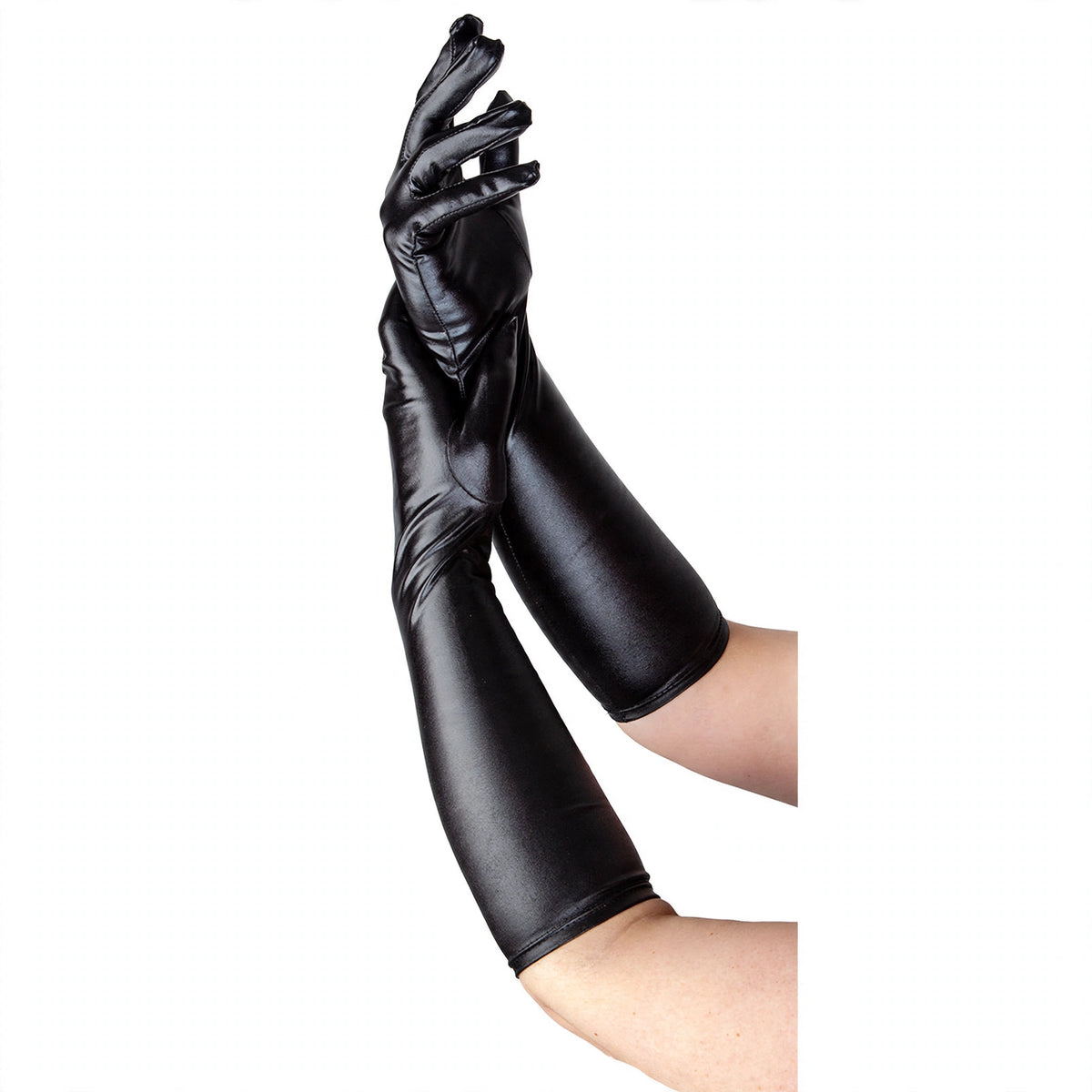 Ladies long metallic black gloves with reflective finish