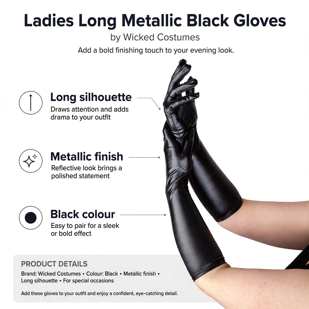 Gloves feature long silhouette and metallic finish in black