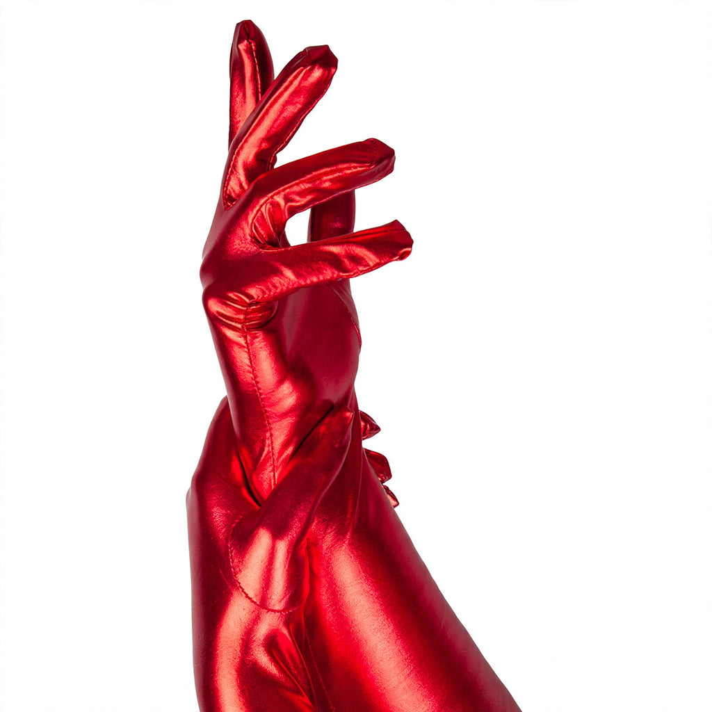 Close-up view of ladies long metallic red gloves showing the shiny surface