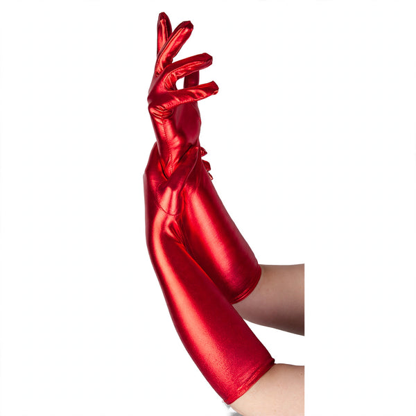 Ladies long metallic red gloves with a shiny finish