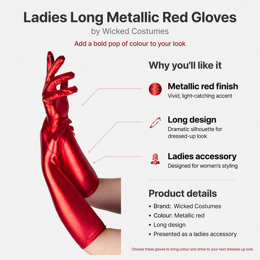 Infographic showing metallic red finish and long design of ladies gloves