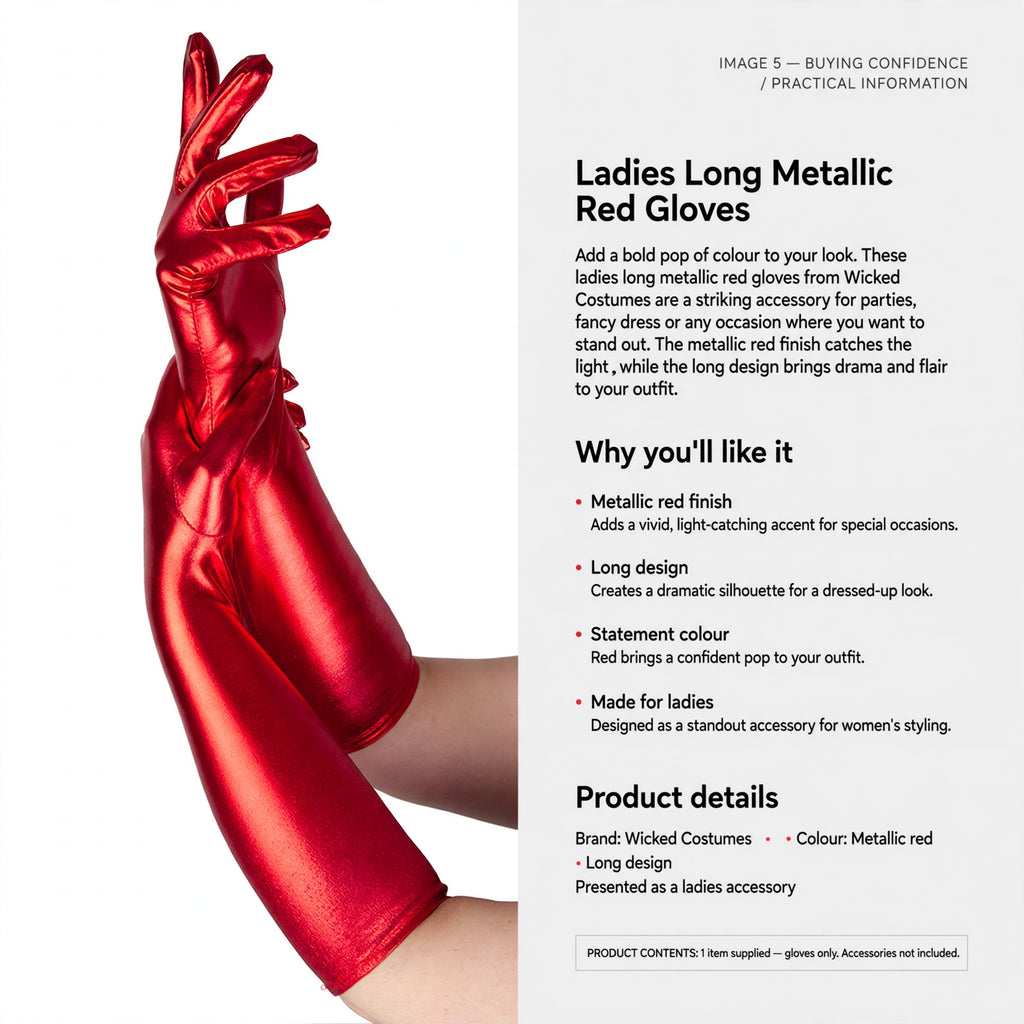Information about the gloves being a ladies accessory with a metallic red finish and long design