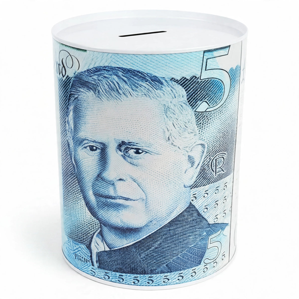 Close-up of King Charles saving tin slot for coins and folded notes