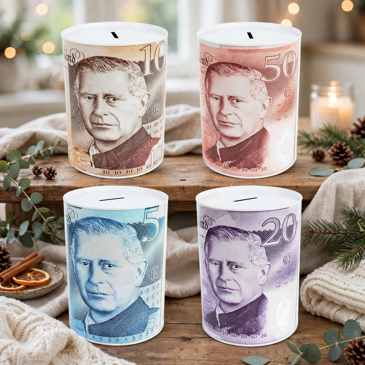 King Charles money saving tin displayed as a gift for birthdays or Christmas