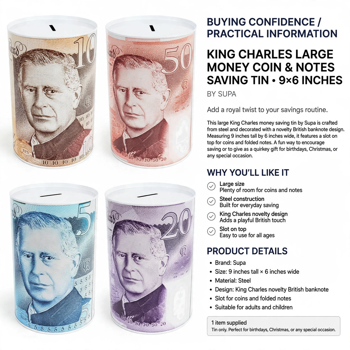 Saving tin made of steel with large size and slot for coins and notes suitable for adults and children